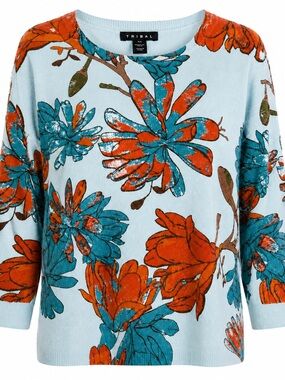 Tribal Floral Print Knit Sweater Petite Small Blue Boho